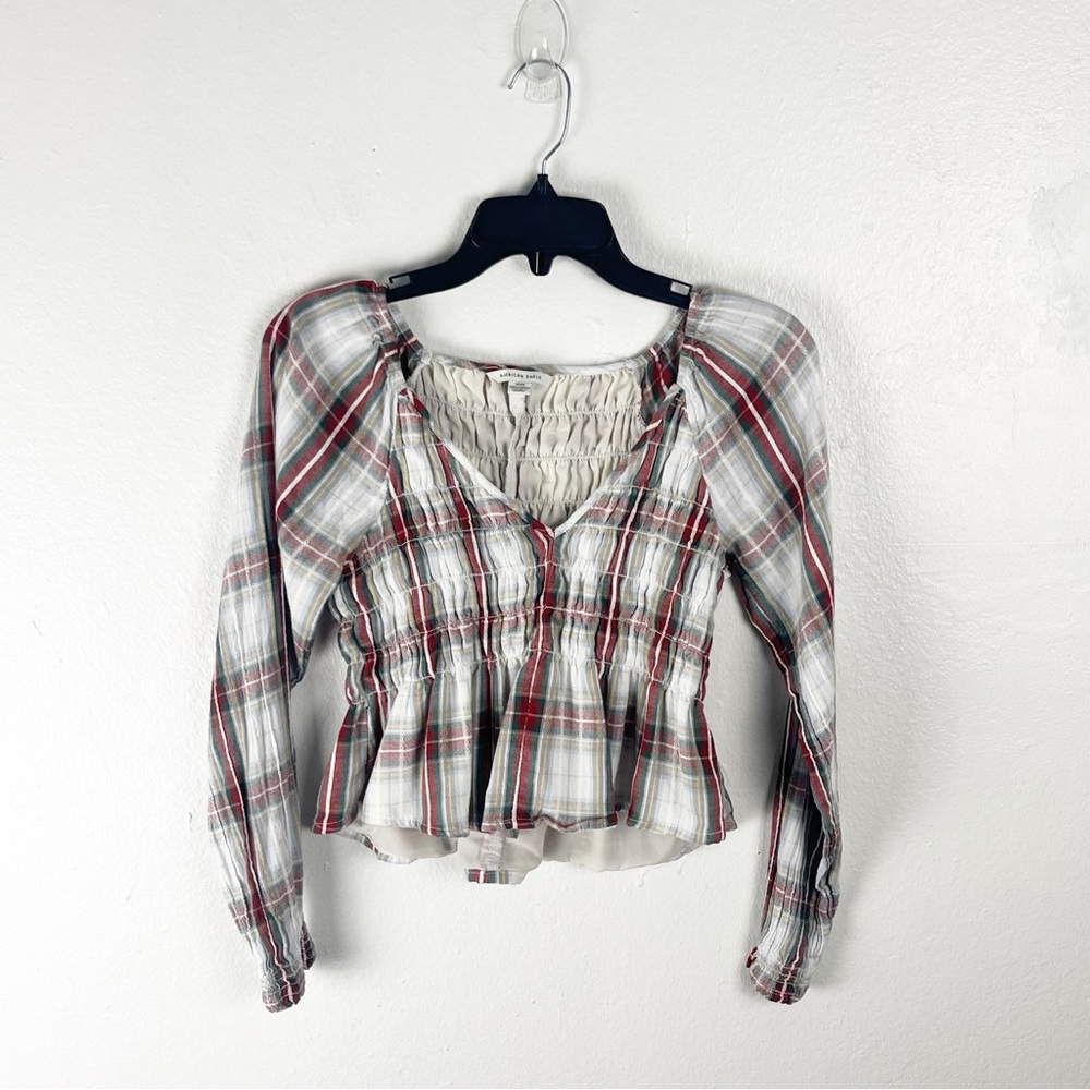 AMERICAN EAGLE Plaid Long Sleeves Smocked Bodice Y2K Baby Doll Crop Top Small